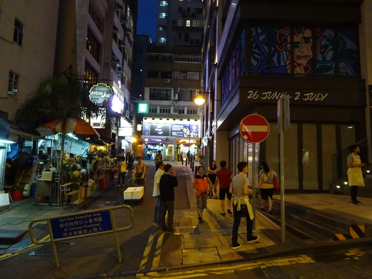 Lan Kwai Fong street at night in Hong Kong, photographed in 2015.