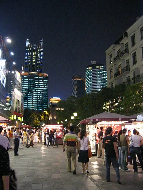 Xintiandi’s illuminated lane in Shanghai, photographed in 2004.