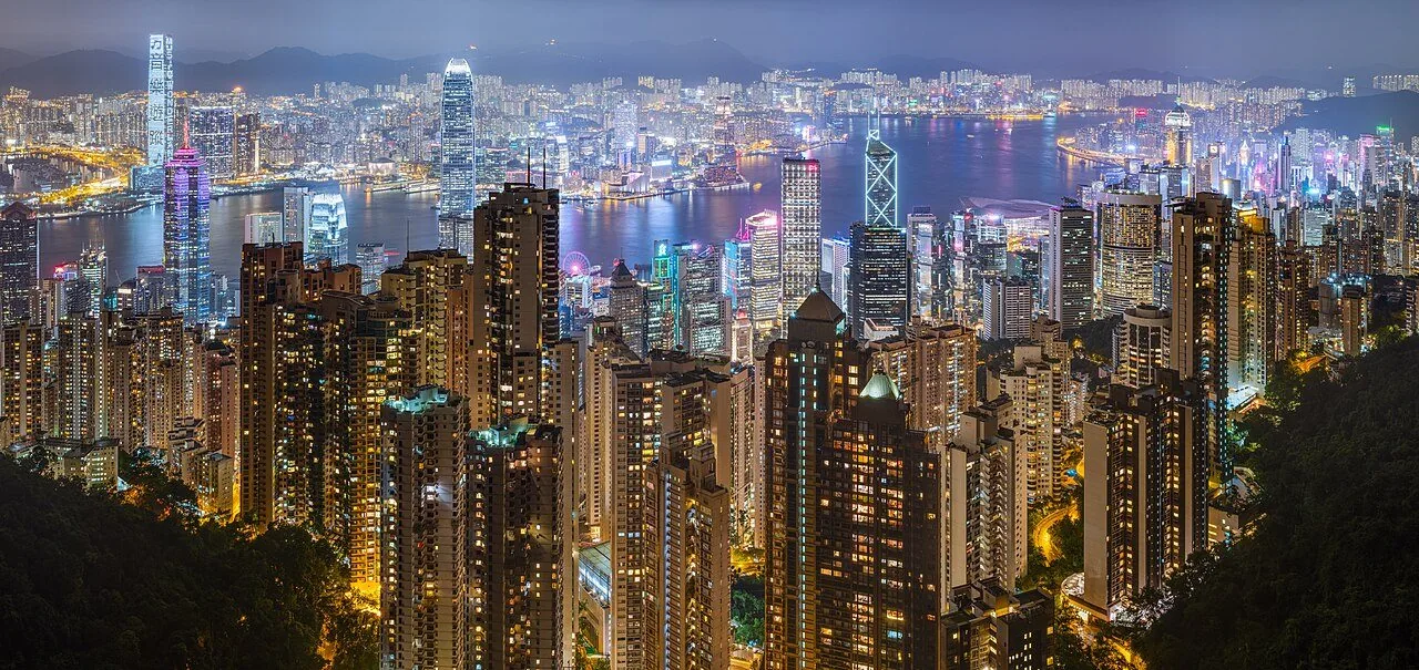 Hong Kong’s harbour and skyline viewed from Victoria Peak at night in 2019.